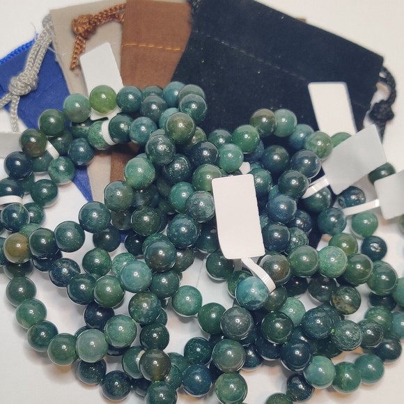 Green Moss Agate Stretch Bracelet 8mm round natural stone w/ felt pouch-B821 - Picture 6 of 12